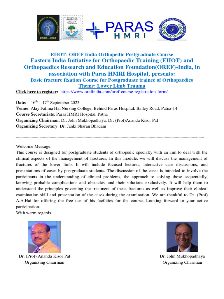 Prospectus EIIOT OREF Lower Limb Trauma Course 1 | PDF | Orthopedic ...