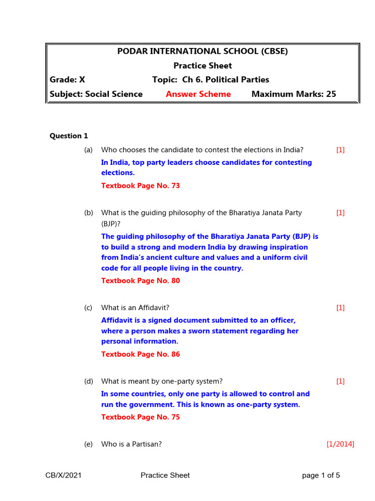 AS - CBSE - X - SS - CH 6 Political Parties - Practice Sheet 1 | PDF ...