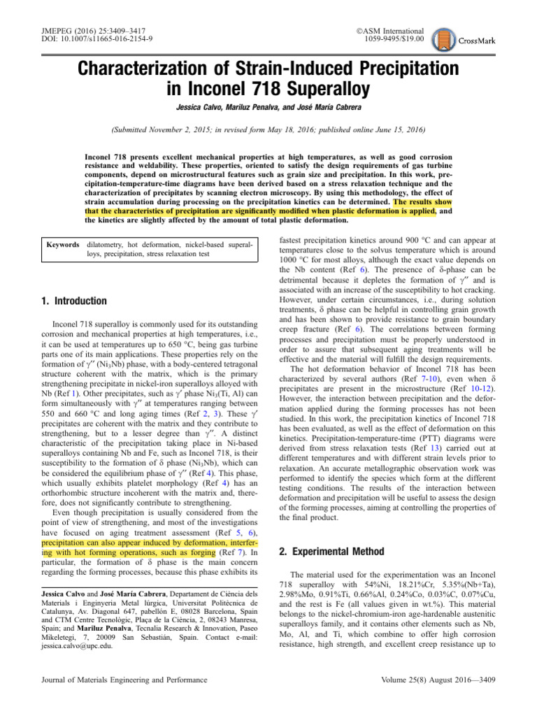 Characterization of Strain Induced Precipitation in Inconel 718 ...