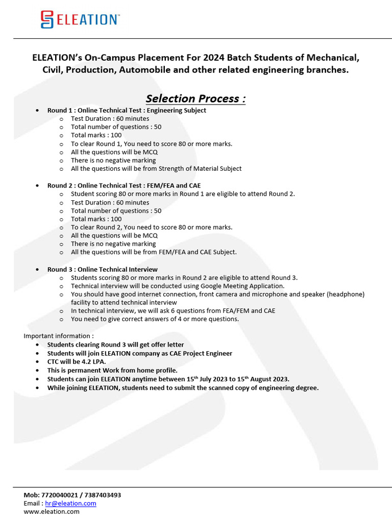Selection Process ELEATION Placement Program | PDF
