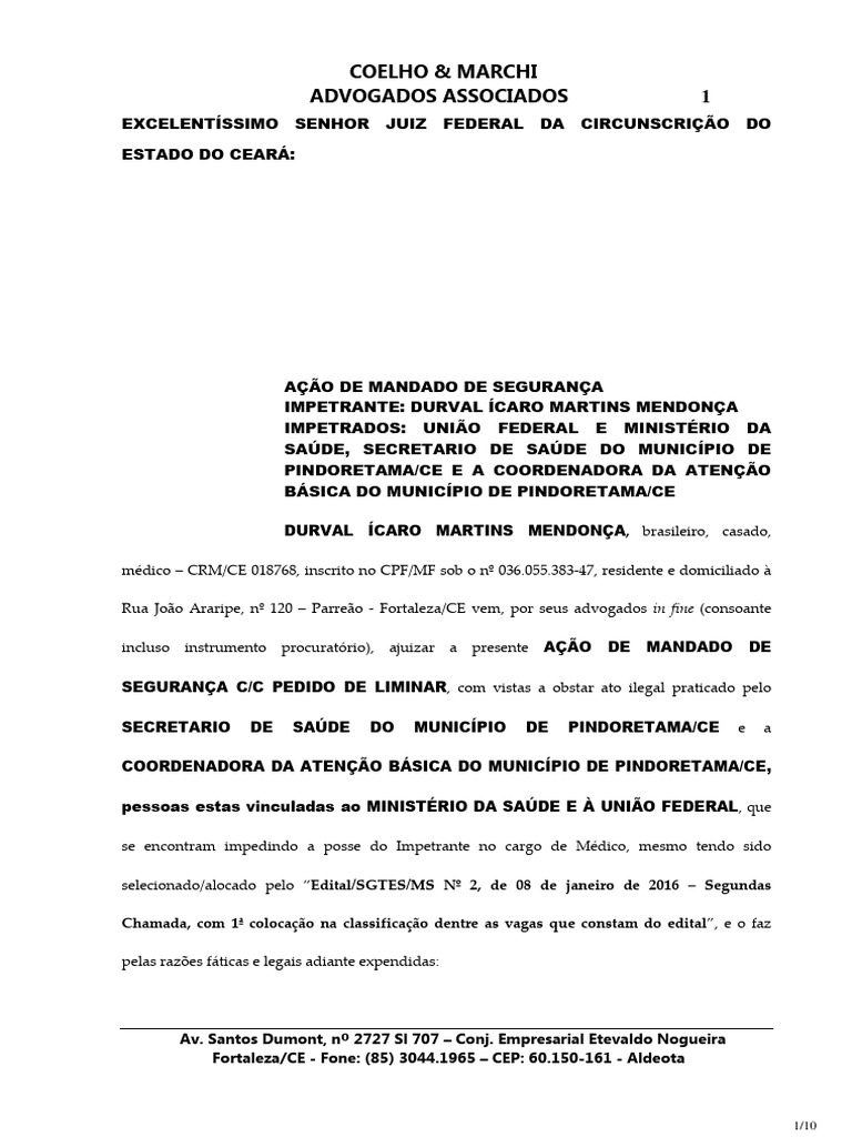 Mandado de Segurança Médico em Pindoretama | PDF | Mandamus | Sentença ...