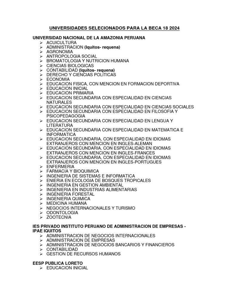 Universidades Selecionados para La Beca 18 2024 | PDF