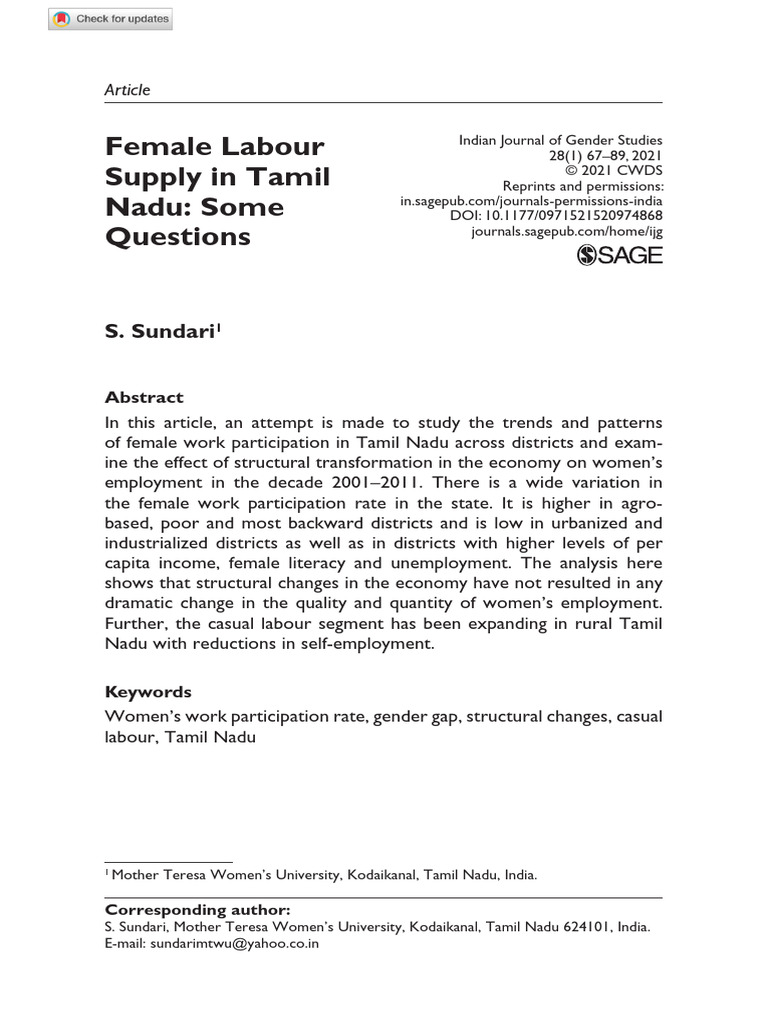 Female Work Participation in Tamil Nadu | PDF | Labour Economics ...