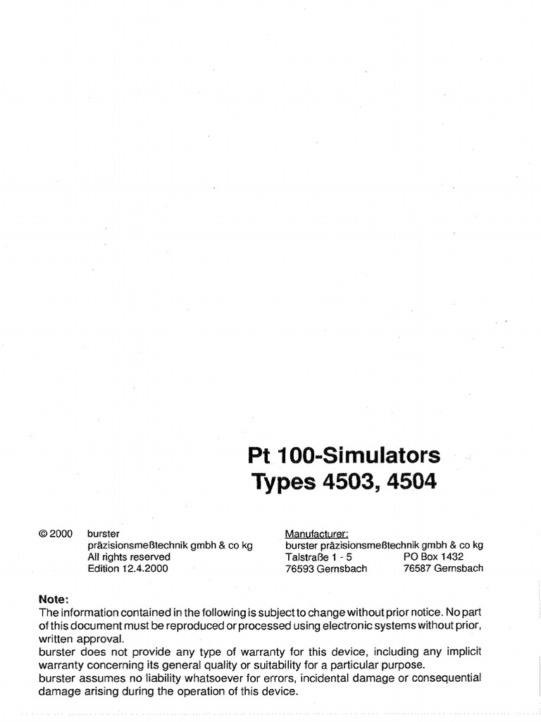 Burster PT 100 Simulators Types 4503 4504 PDF Calibration 