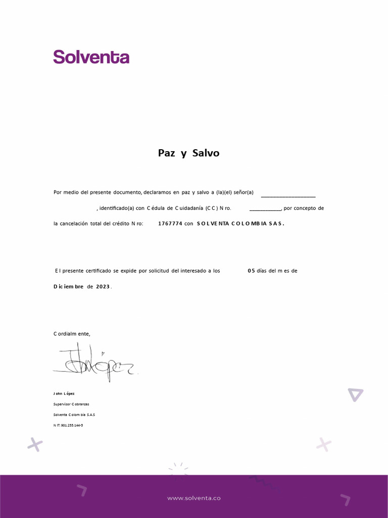 Certificado Paz y Salvo Solventa | PDF