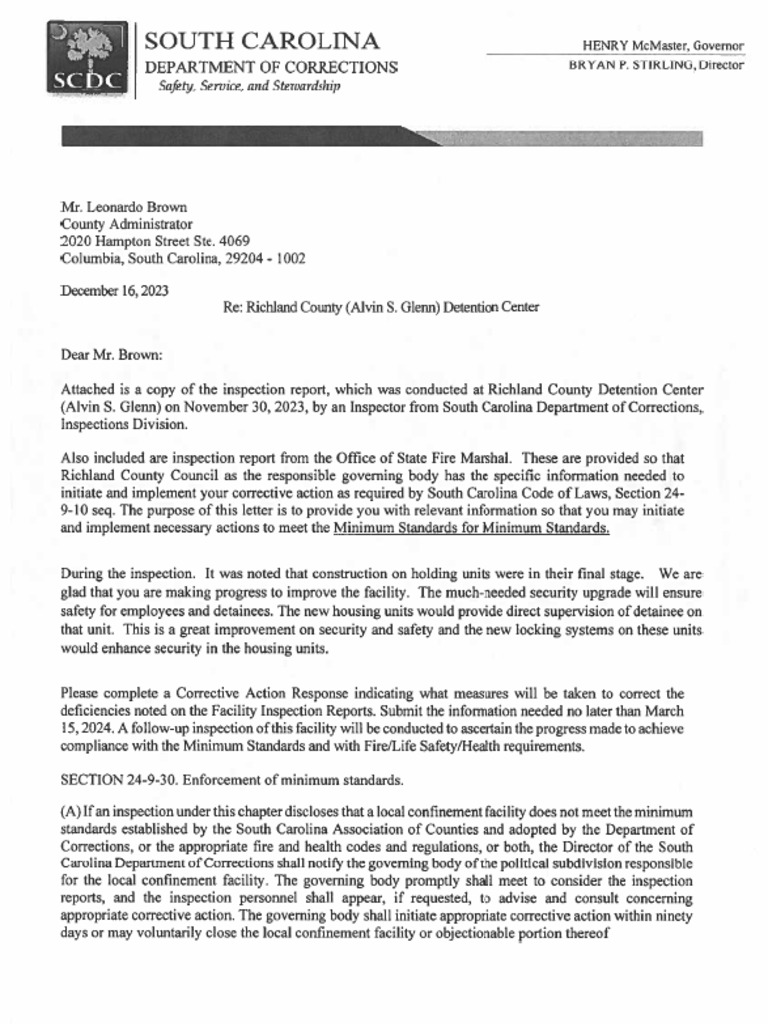 South Carolina Department of Corrections Inspection Report | PDF