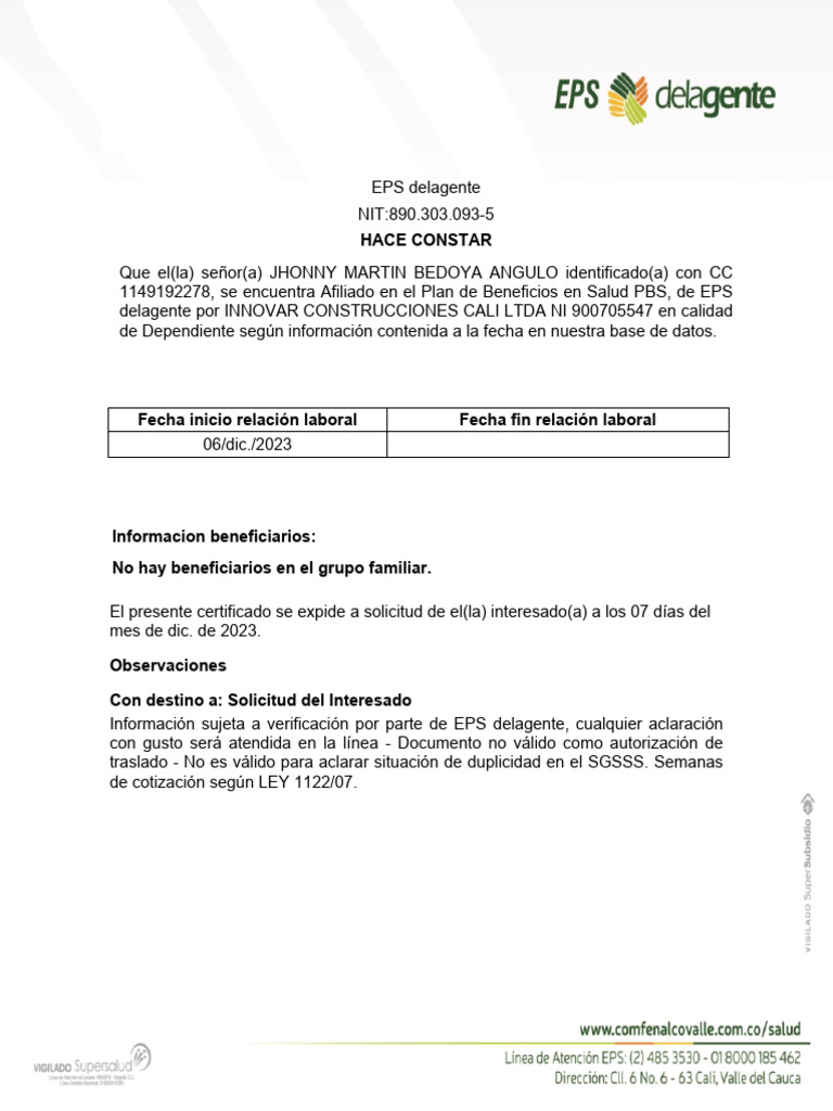 Certificado de Afiliación EPS delagente | PDF | Finanzas y dinero