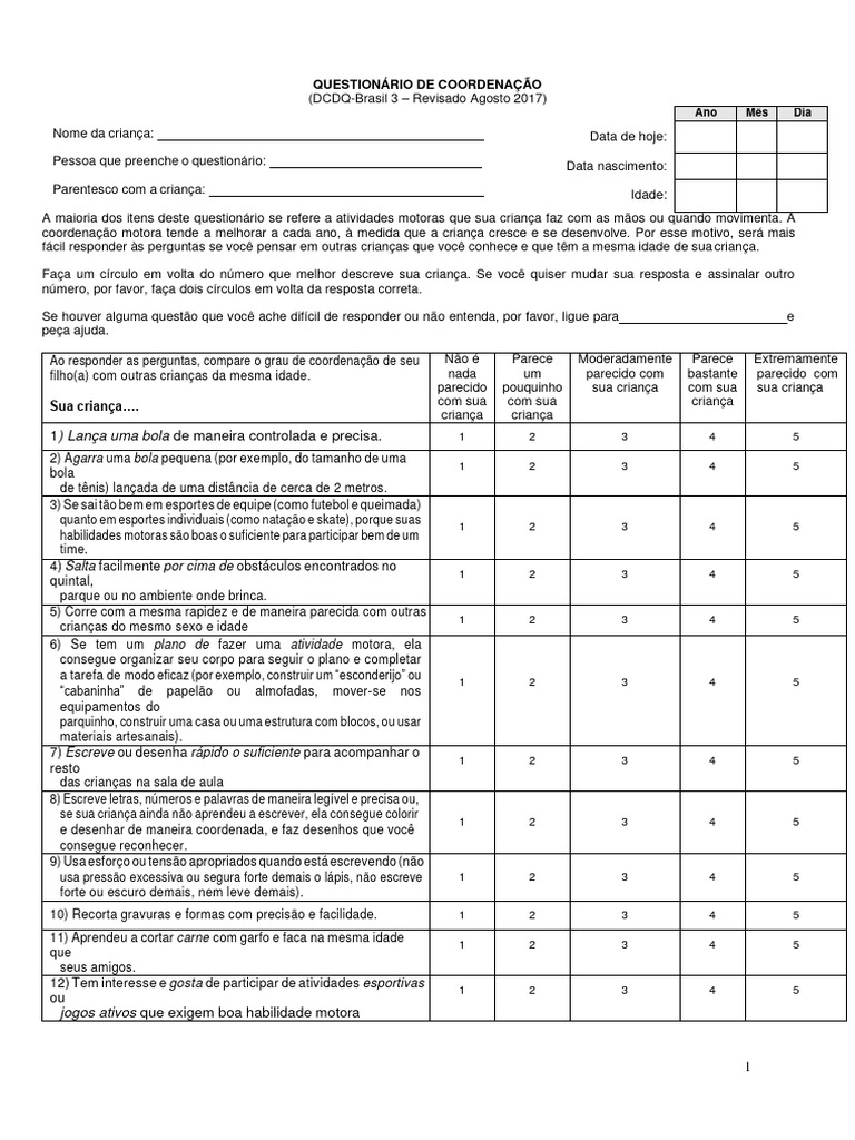 QUESTIONARIO DCDQ PARA PAIS | PDF | Dados | Coordenação motora