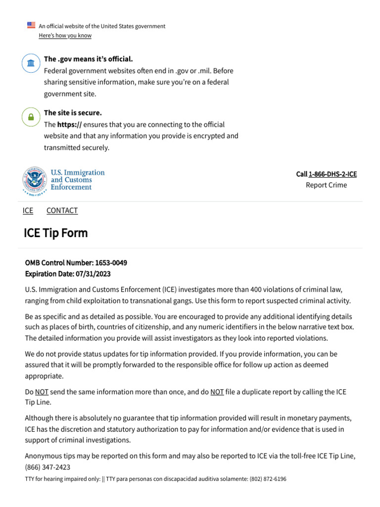 ICE Tip Form for Reporting Crimes | PDF | U.S. Immigration And Customs ...