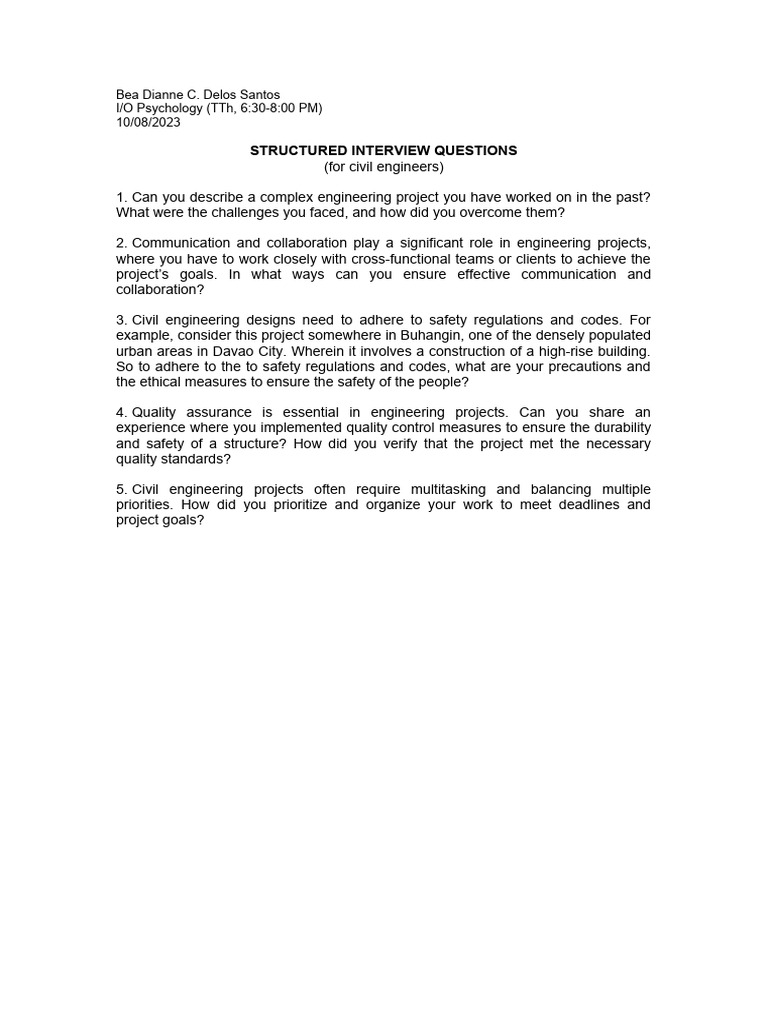 Structured Interview Questions-For CIVIL ENGINEERS | PDF | Business