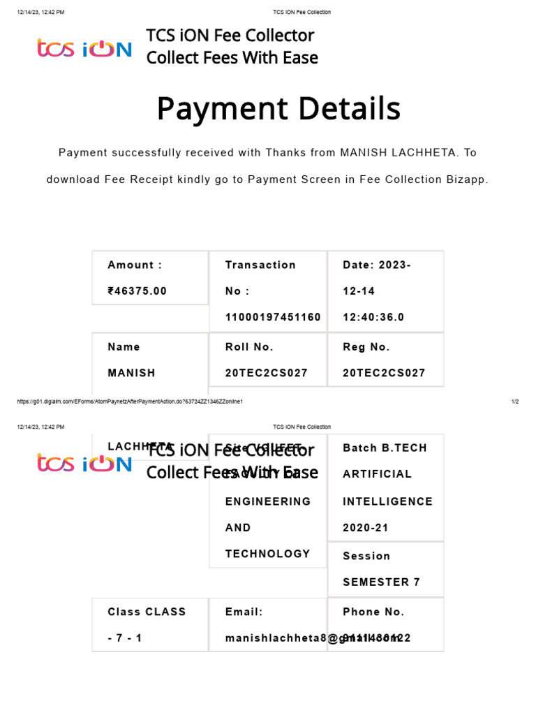 Fee Collection Confirmation for Manish | PDF