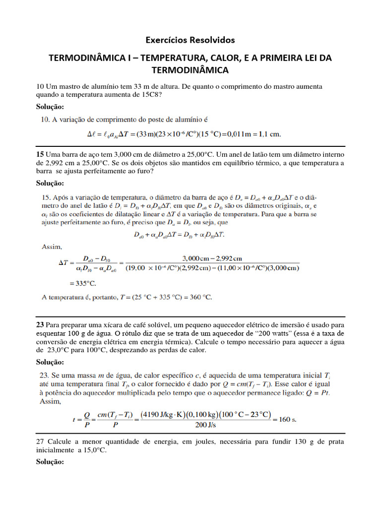 Exercícios Resolvidos de Termodinâmica | PDF | Temperatura | Calor