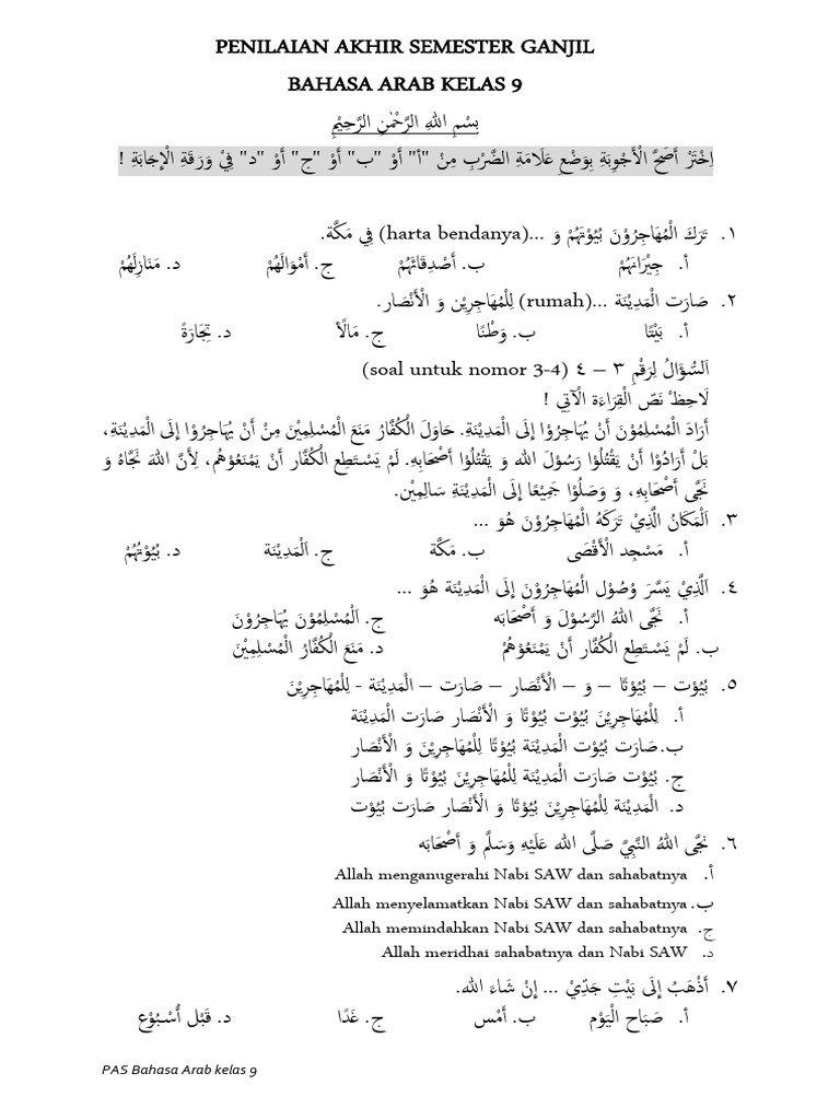 Soal Bahasa Arab Kelas 9 Fix | PDF