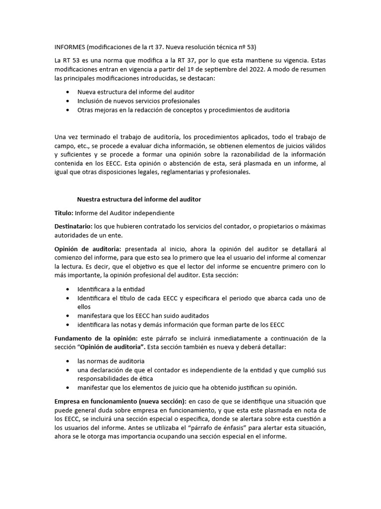 Modificaciones RT 53 en Informes de Auditoría | PDF | Auditoría ...