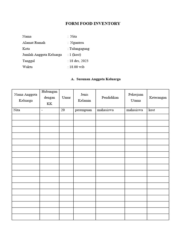 Formulir Inventarisasi Makanan Kost | PDF