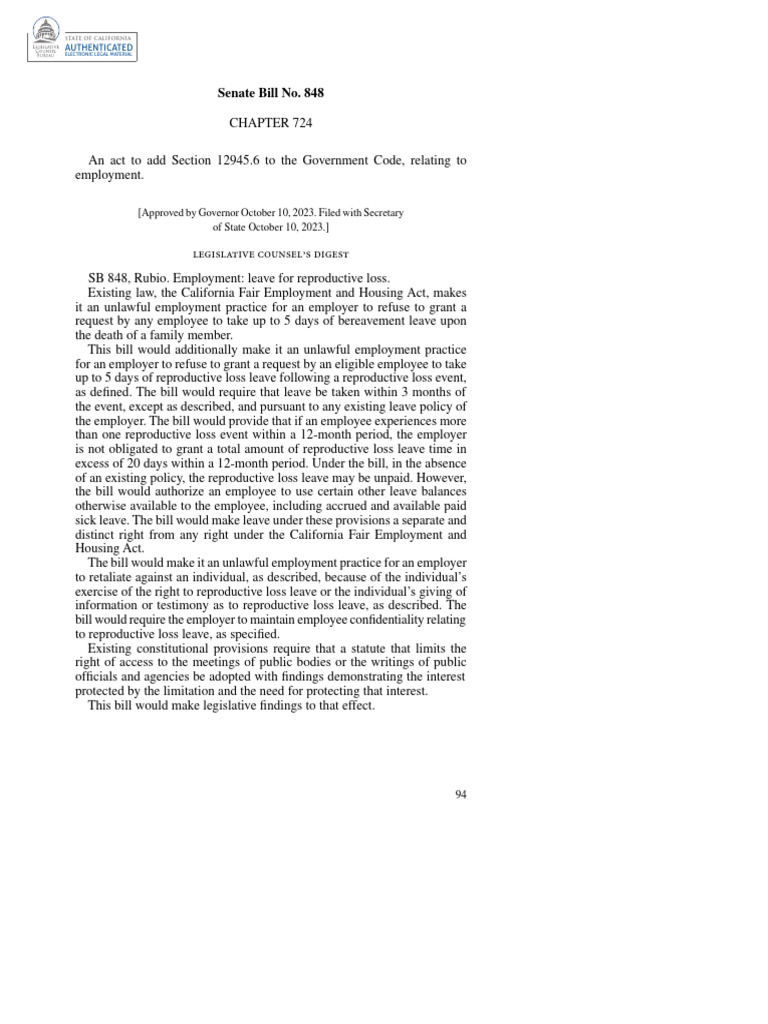 California SB848 Employment Leave For Reproductive Loss. PDF