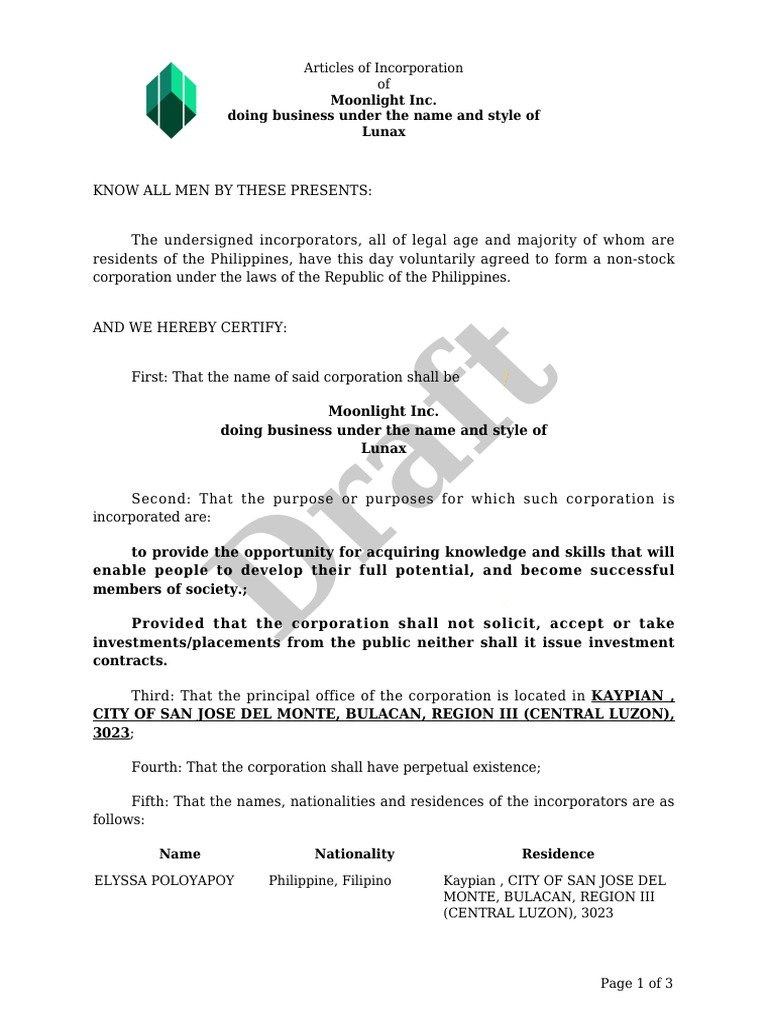 Articles of Incorporation Non Stock Corp PDF Private Law Legal