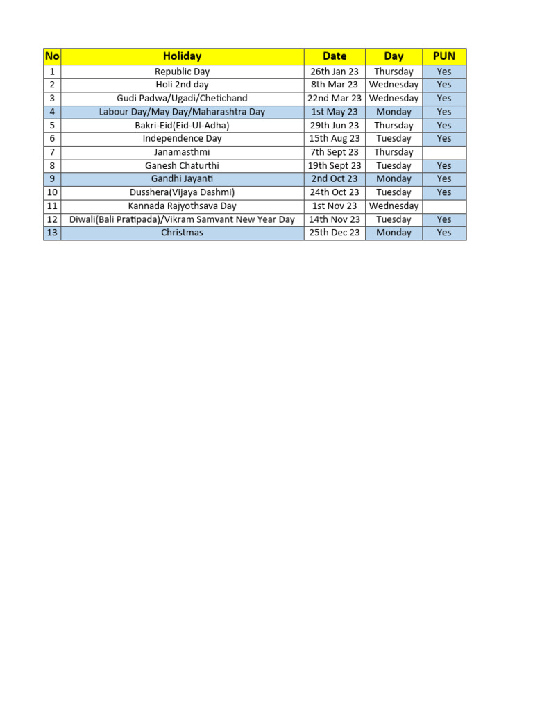 Holiday Calendar | PDF