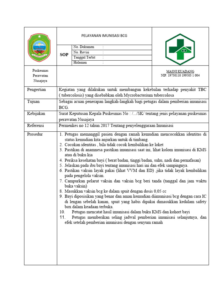 SOP Imunisasi BCG di Puskesmas | PDF | Pengembangan Diri | Sains ...