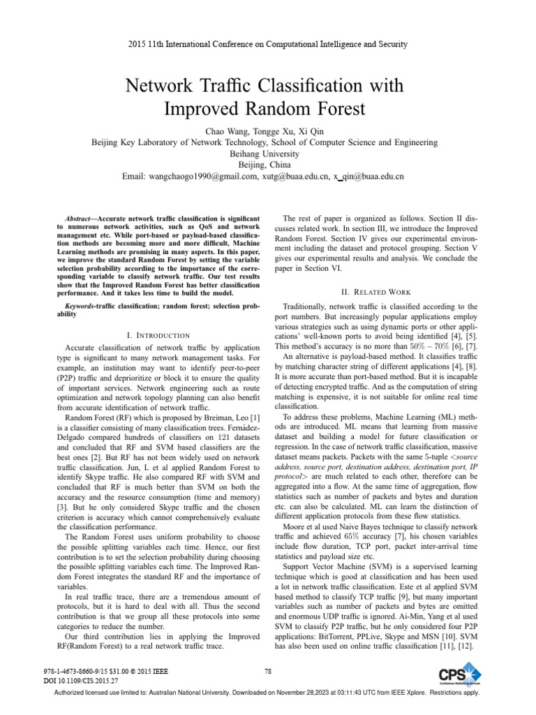 Network traffic classification with improved random forest pdf