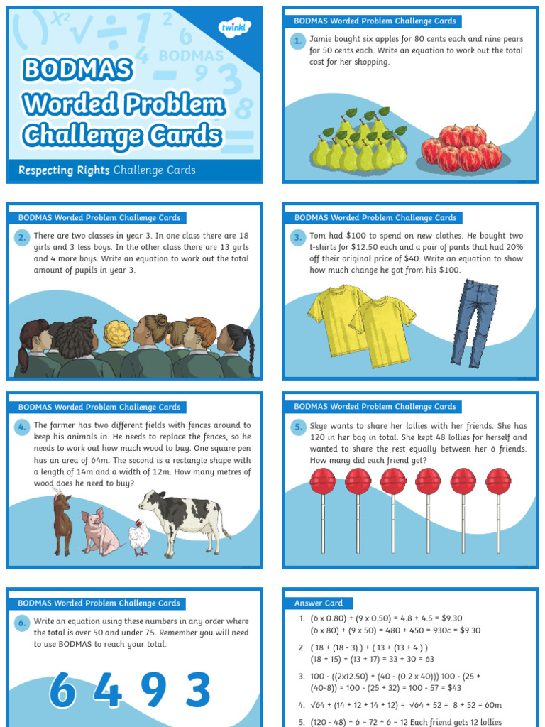BODMAS Word Problems Challenge Cards | PDF
