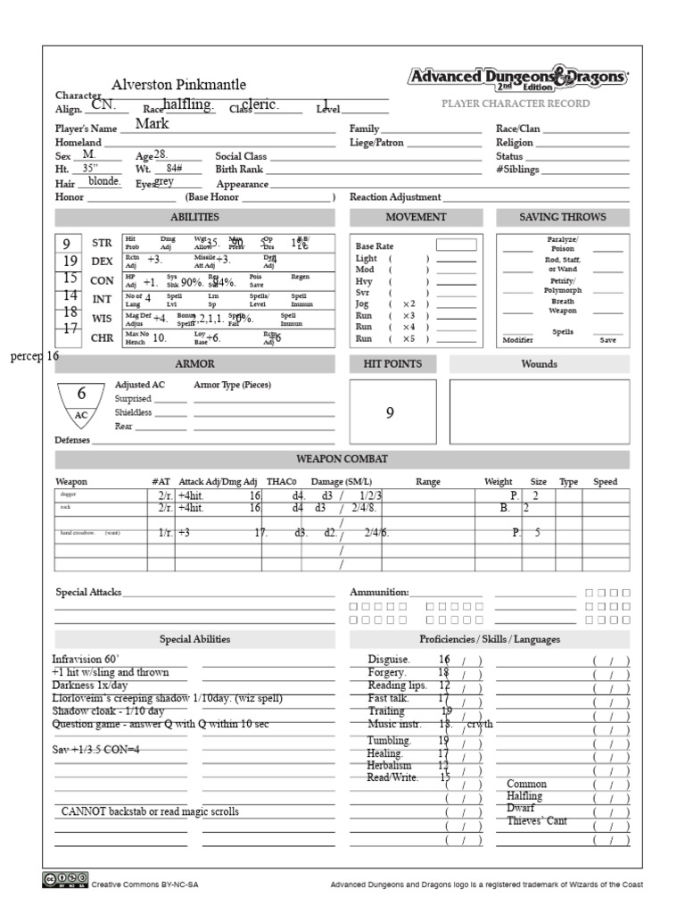 AD&D 2nd Edition Character Sheet PDF