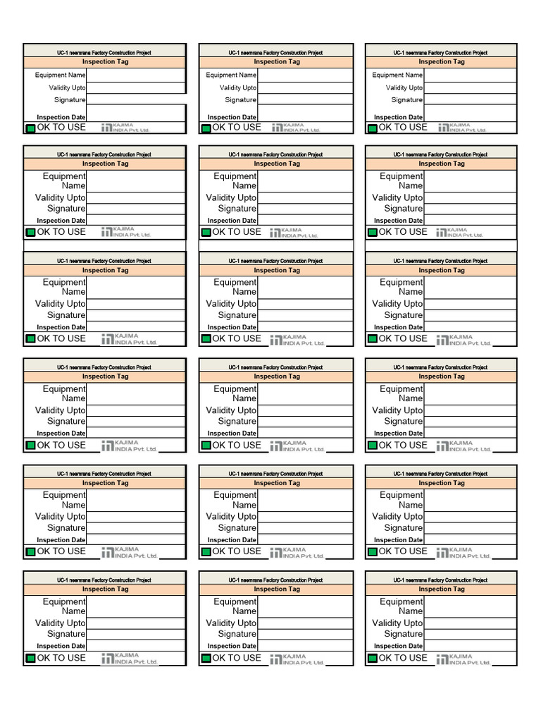 Neemrana Factory Equipment Inspection Tags | PDF