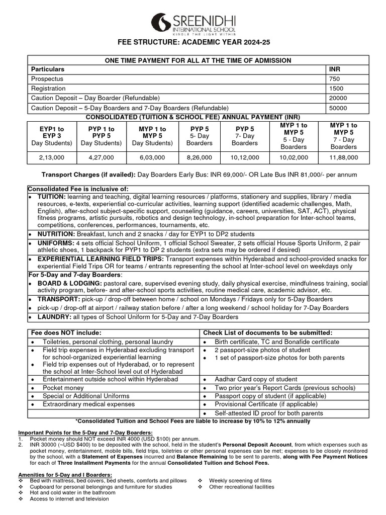Fee Structure 2024 25 Nursery MYP 5 PDF Bed Tuition Payments