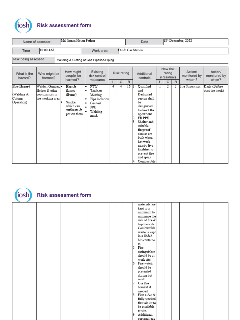 Oil & Gas Station Risk Assessment Form | PDF | Fires | Welding