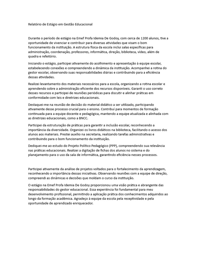 Relatório de Estágio em Gestão Educacional | PDF | Pedagogia