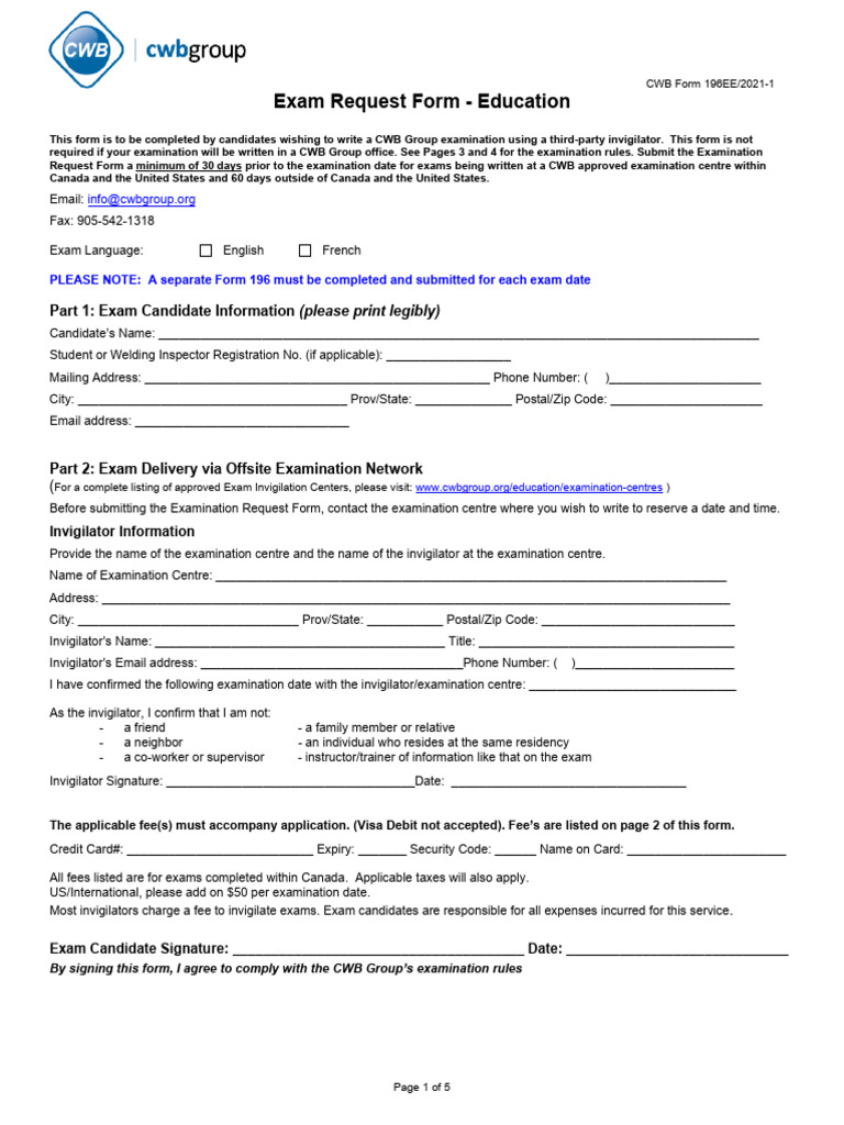 CWB Exam Request Form Instructions | PDF | Welding | Construction