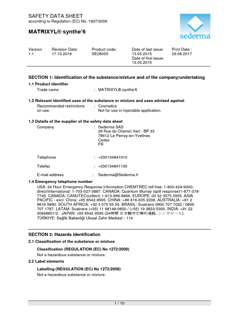MATRIXYL SYNTHE 6 Croda PDF Toxicity Dangerous Goods
