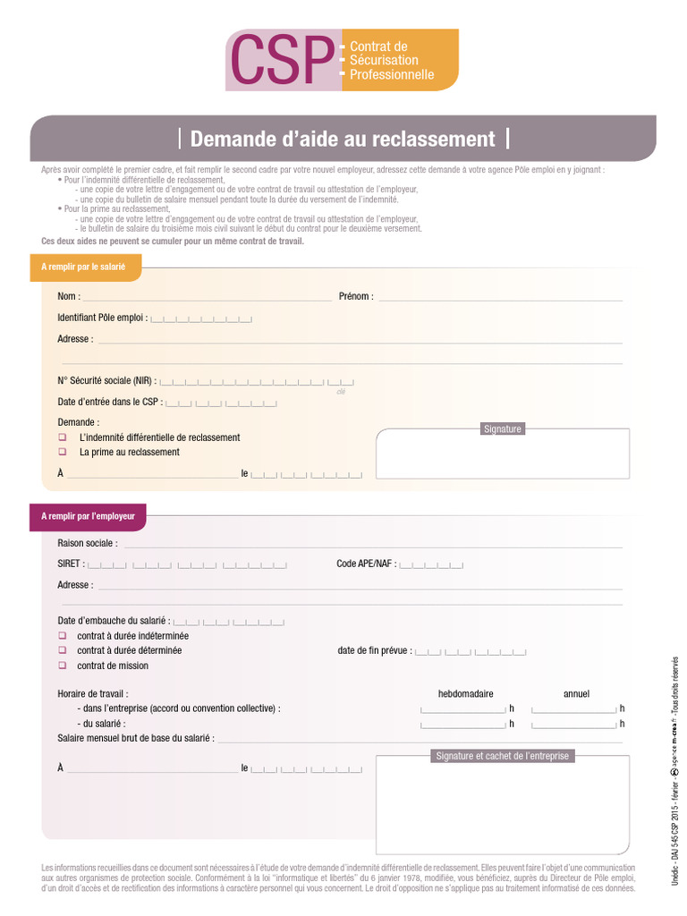 Demande d'aide au reclassement CSP | PDF | Bulletin de salaire (droit ...