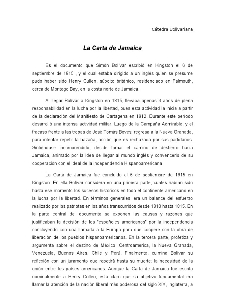 La Carta de Jamaica Cátedra Bolivariana