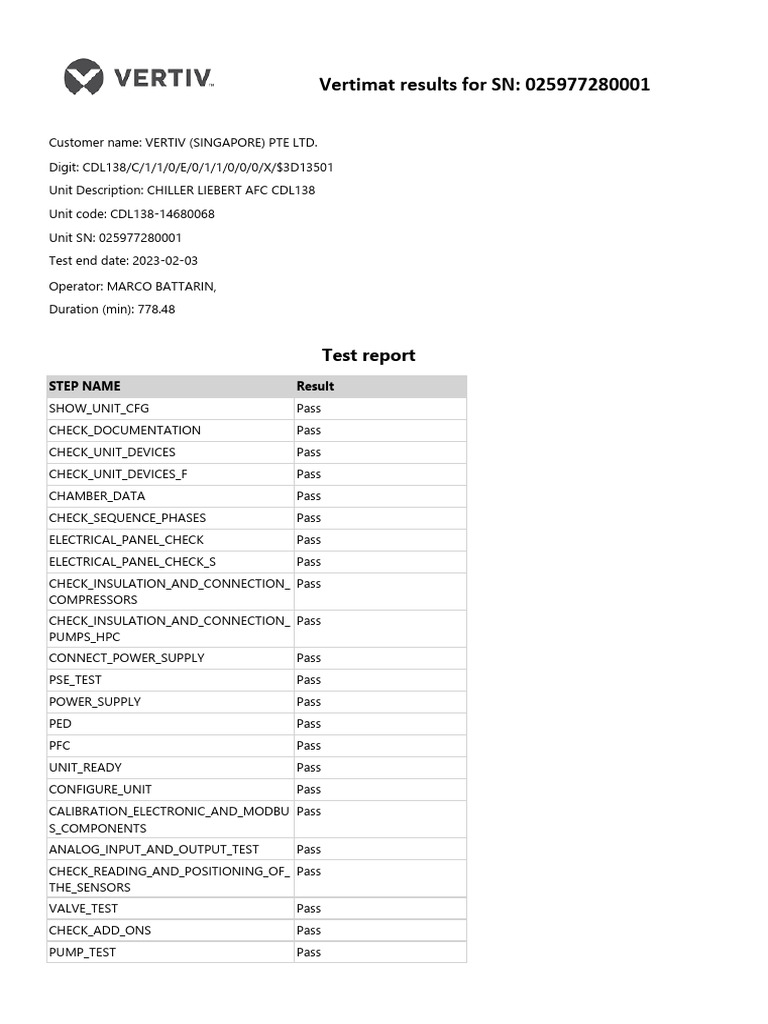 Vertimat Test Report for VERTIV Chiller | PDF