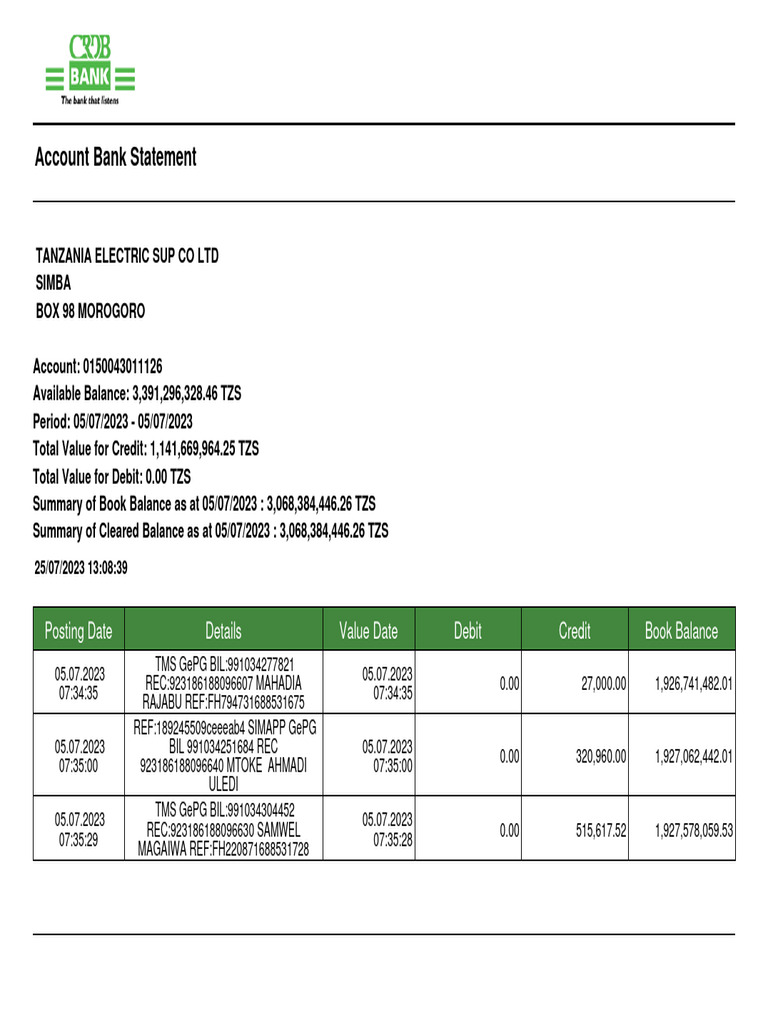 Account Bank Statement Posting Date Details Value Date Debit Credit