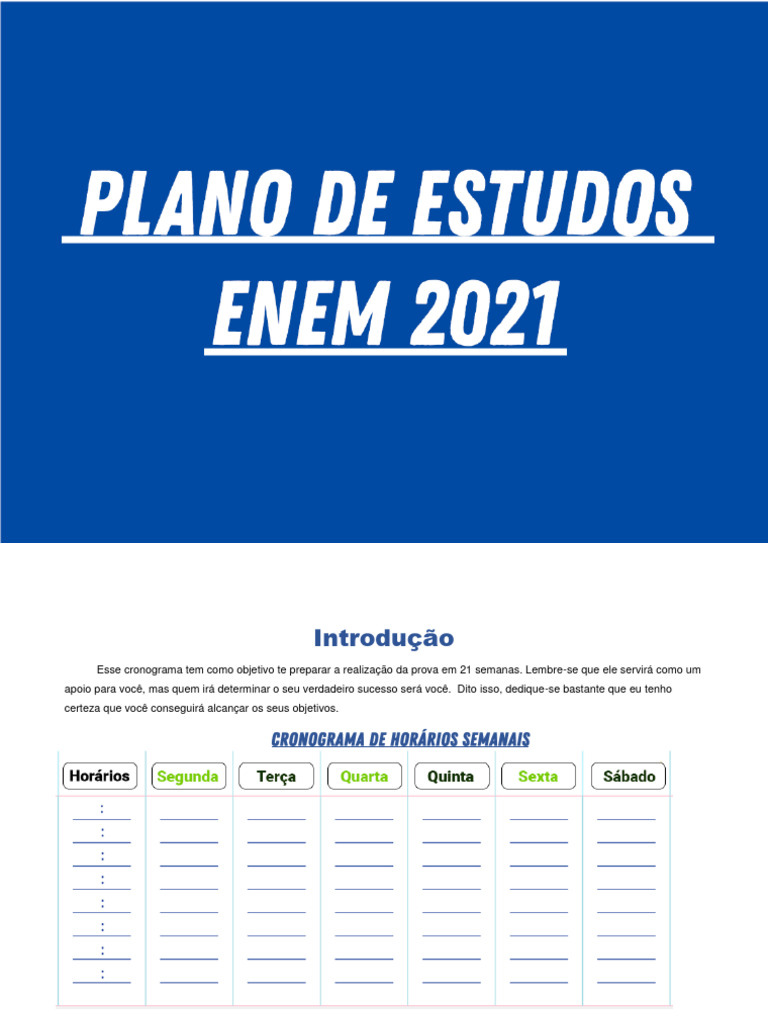 Cronograma de Estudos ENEM 2021 | Download grátis PDF | Brasil