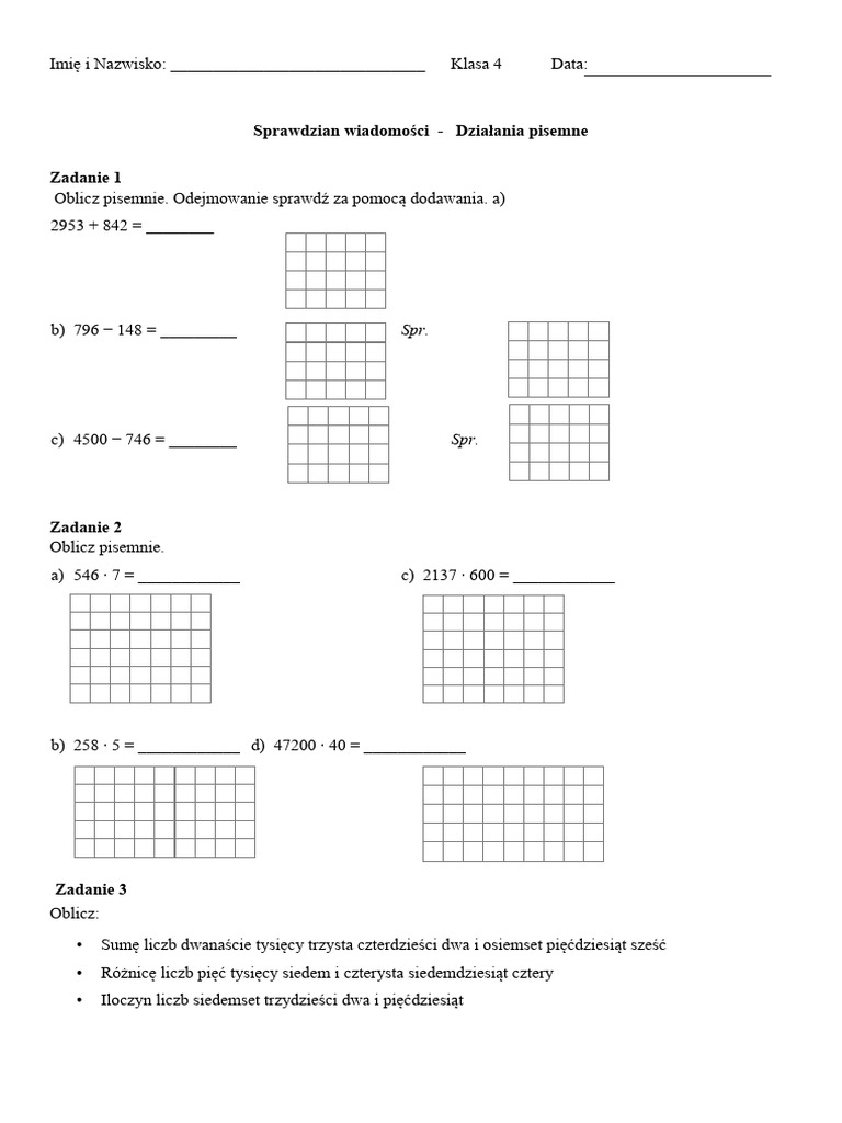 Dzialania Pisemne Klasa 4 Karta Pracy Dzialania Pisemne PDF | PDF