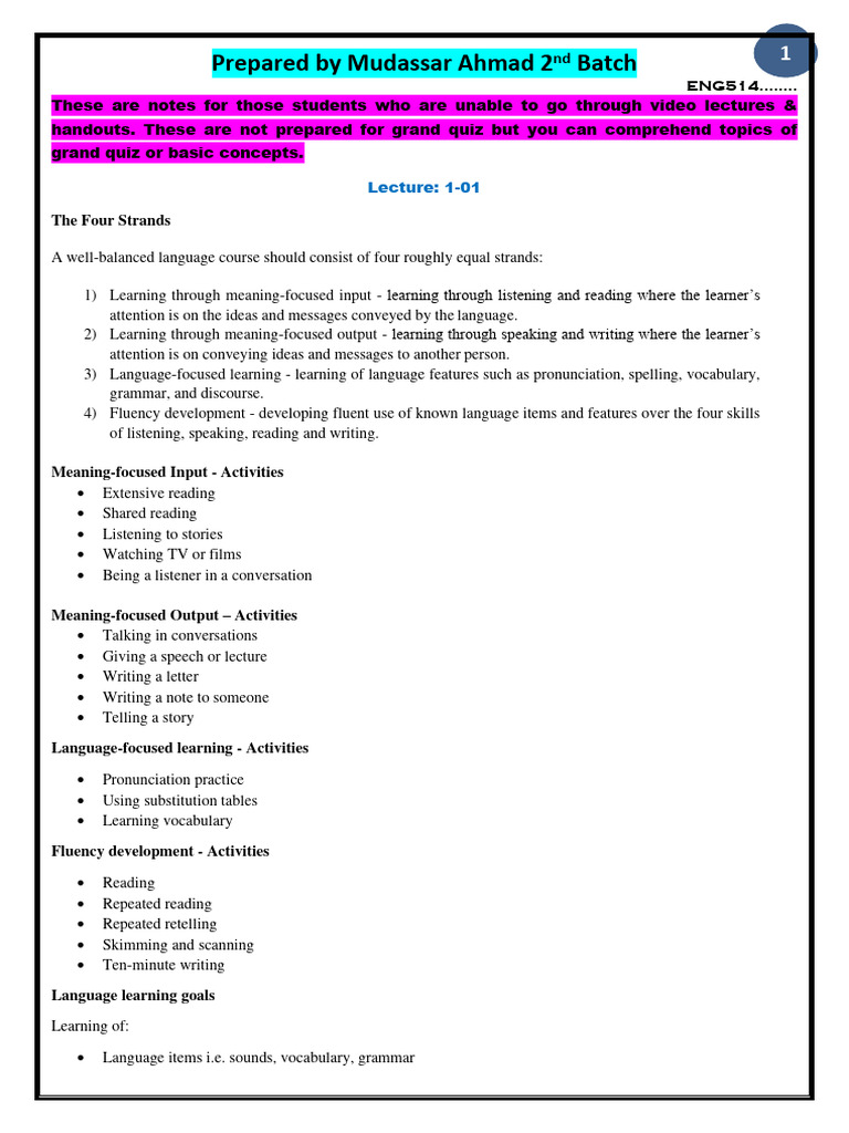 ENG514 Midterm Short Notes | PDF | Second Language Acquisition | Syllable