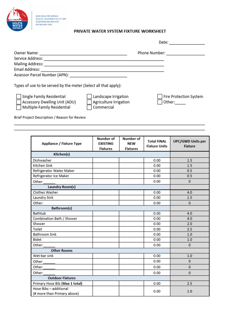 Appliance and Fixture Count Form 2020 PDF Bathroom Flow Measurement