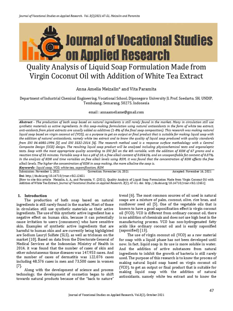 Quality Analysis of Liquid Soap with VCO | PDF | Soap | Regression Analysis
