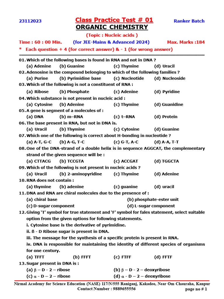 Class practice test 01 nucleic acid 23 11 2023 pdf dna nucleic