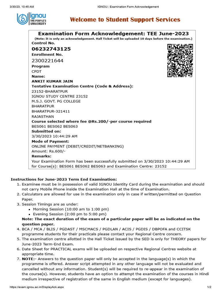 Ignou examination form acknowledgement pdf