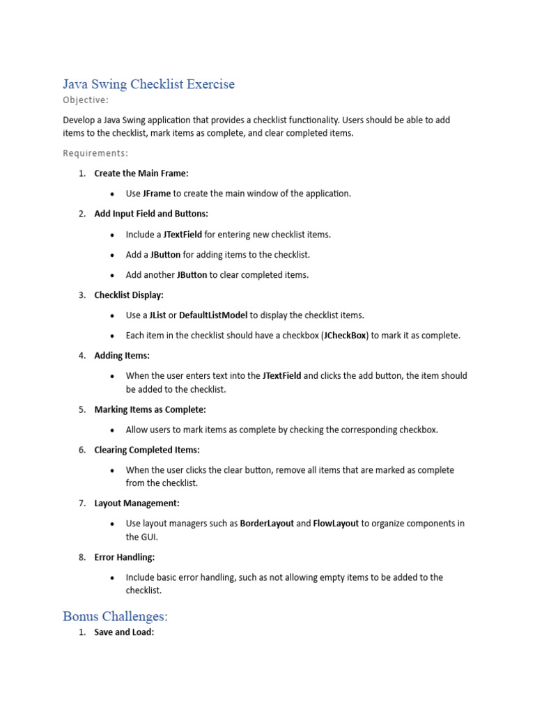 Java Swing Checklist Exercise | PDF