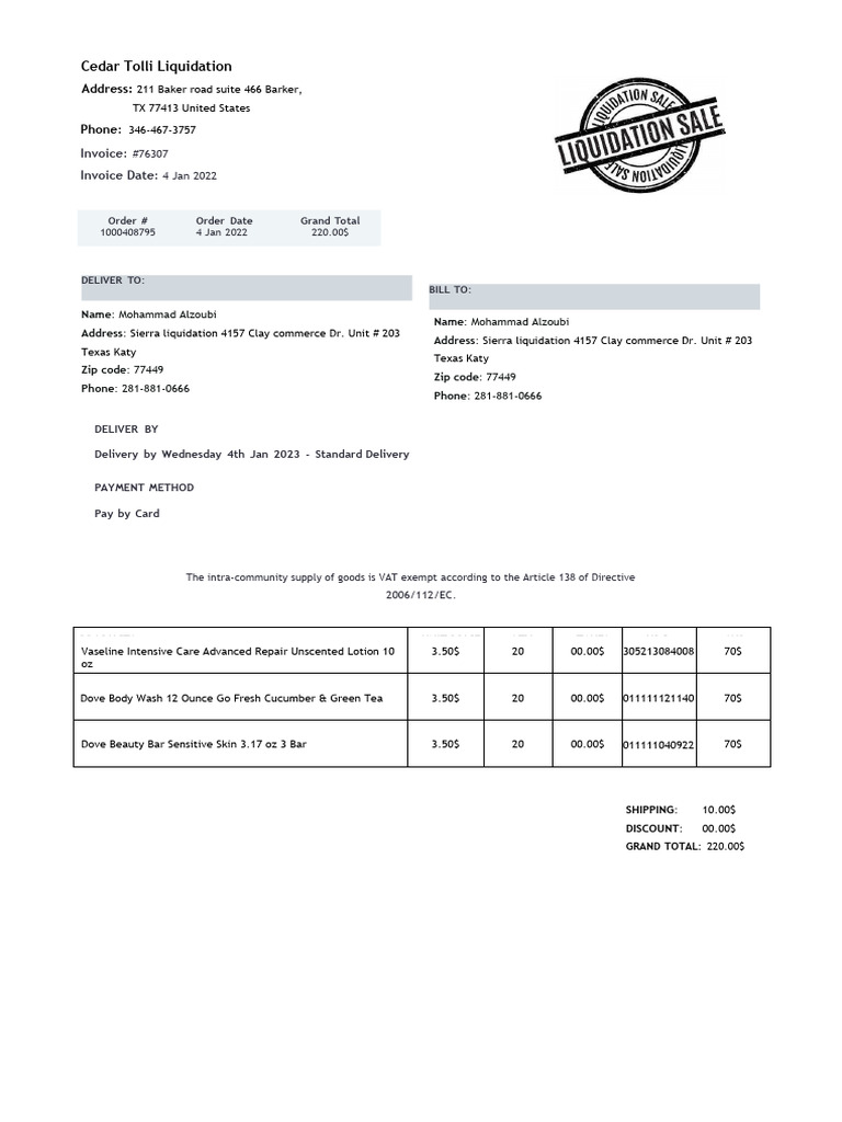 Invoice for Cedar Tolli Liquidation Order | PDF