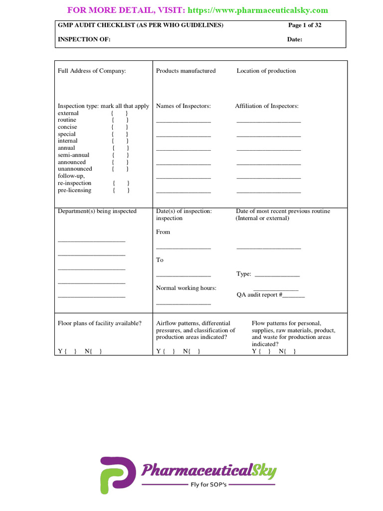 GMP Audit Checklist: WHO Guidelines | PDF | Sterilization (Microbiology ...