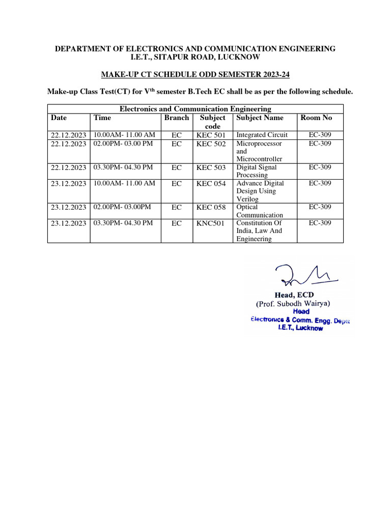 B.Tech EC Make-Up Test Schedule 2023-24 | PDF | Electronics ...