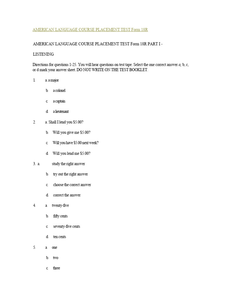 AMERICAN LANGUAGE COURSE PLACEMENT TEST Form 18R | PDF