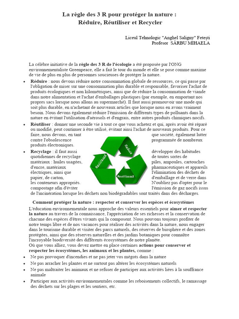 Règle des 3 R pour protéger la nature | PDF | Recyclage | Gestion des ...