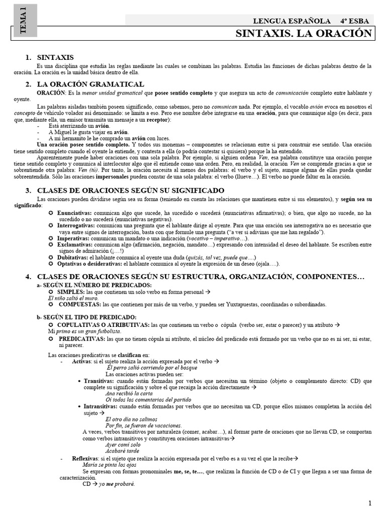 Clases y Estructura de Oraciones | PDF | Asunto (gramática) | Predicado ...